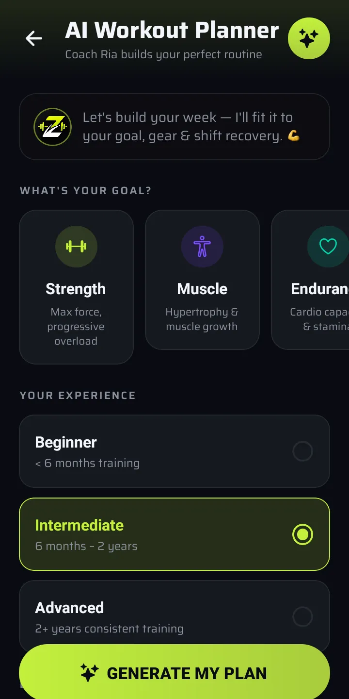 Zeitra — the AI workout planner choosing goal and level