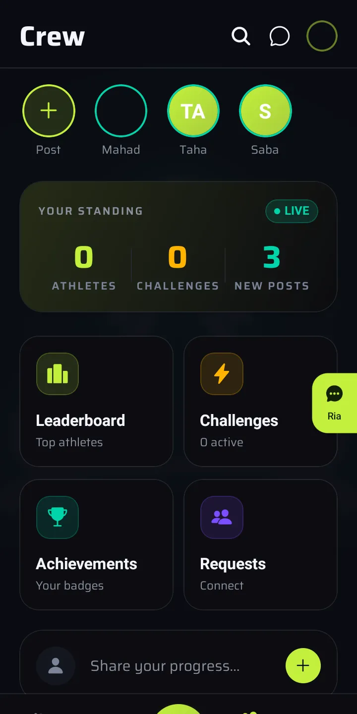 The Zeitra Crew screen — leaderboard, challenges and achievements