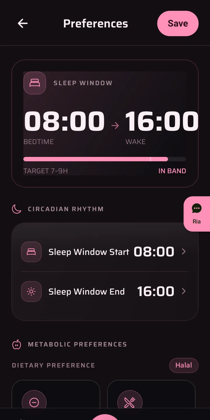 Zeitra preferences — setting a sleep window and circadian rhythm around a shift