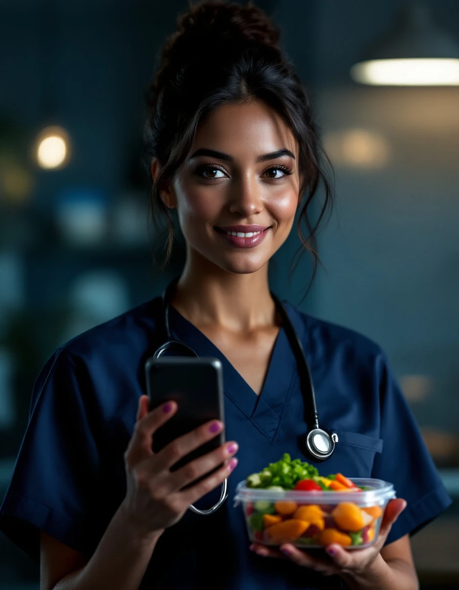 A night-shift nurse checking her plan on her phone during a break